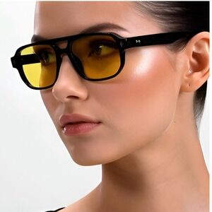 Female Fashion Aviator Sunglasses Yellow Lenses Black Frame Women's Eyewear 2026